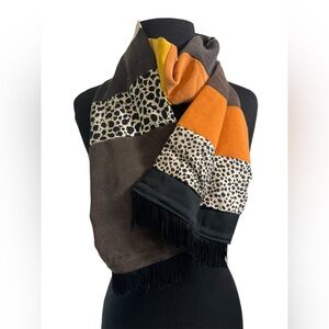 Handmade Mixed Media Scarf - silk, fleece, rayon, animal prints, fringe